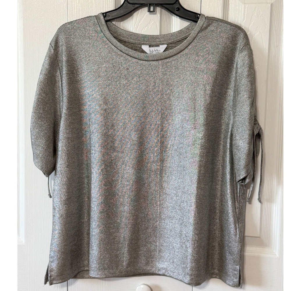 Nicole Miller New York‎ Silver Metallic Ruched Tie Sleeve Knit Top Large